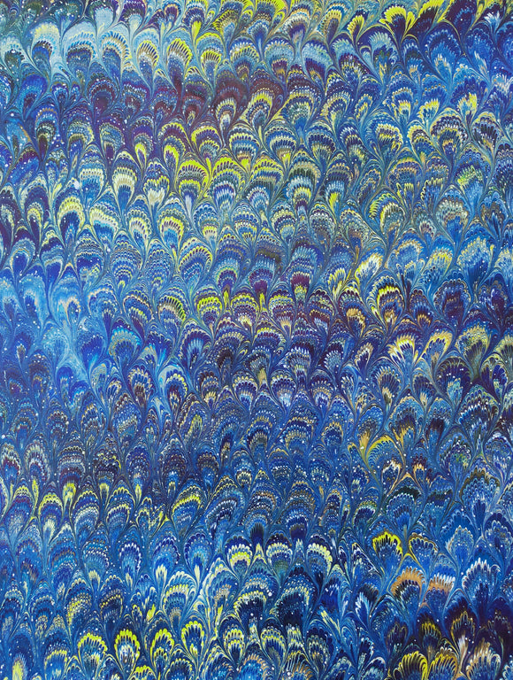 Hand marbled sheet of paper - blue/multicolour peacock pattern