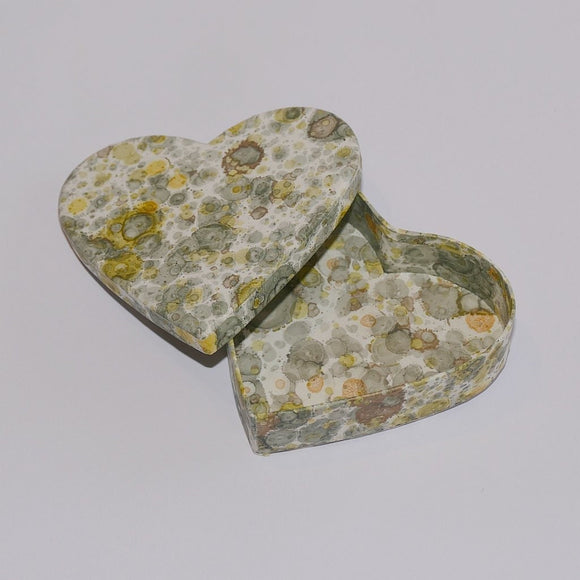 Marbled heart shaped box, green dots