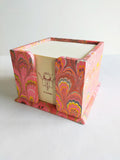 Pink marbled memo box with pad, wooden box covered with marbled paper and pad