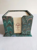 Green and red marbled memo box with pad, wooden box covered with marbled paper and pad