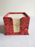 Red marbled memo box with pad, wooden box covered with marbled paper and pad