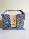 Blue marbled memo box with pad, wooden box covered with marbled paper and pad