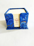 Blue and gold marbled memo box with pad, wooden box covered with marbled paper and pad