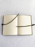 Inside of soft leather journal with ties, blank pages