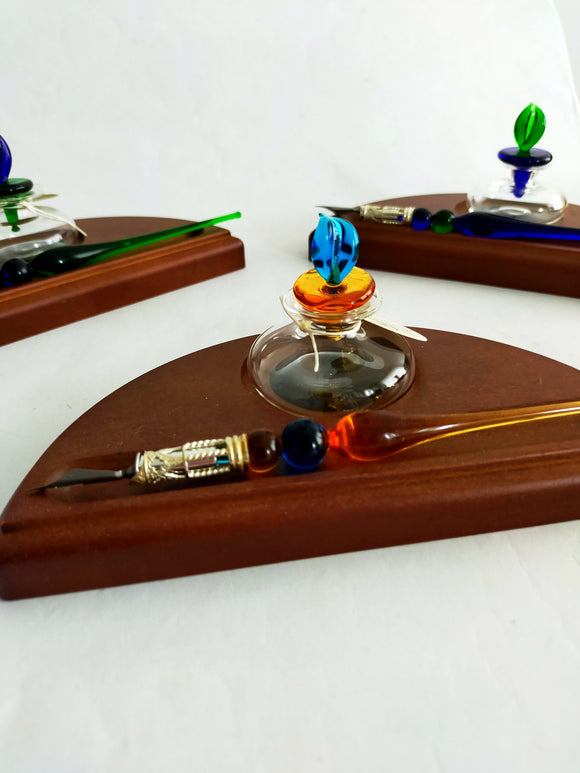 Dip glass pen set with inkwell on a wooden base, Dip Sign pen, Fine Glass Calligraphy Pen set