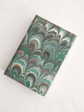 Green and red hand marbled small journal, peacock pattern, lined pages