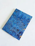 Blue and gold hand marbled small journal, peacock pattern, lined pages