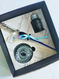 Blue and clear Murano glass dip pen, inkwell and ink bottle set