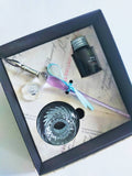 Lilac and clear Murano glass dip pen, inkwell and ink bottle set