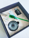 Green and clear Murano glass dip pen, inkwell and ink bottle set