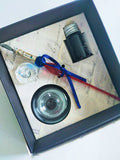 Red and blue Murano glass dip pen, inkwell and ink bottle set