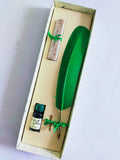 Green hand crafted feather quill set with matching ink