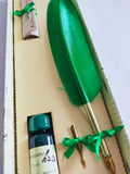 Green hand crafted feather quill set with matching ink