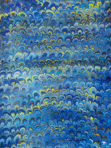 Hand marbled sheet of paper - blue, green, gold, yellow peacock