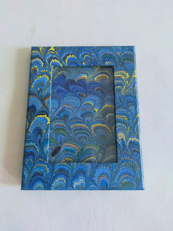 self standing green and blue marbled wooden picture frame peacock patter with screen