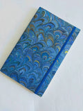 Green and blue marbled Journal - 100% recycled paper - peacock feather - With elastic band and Bookmark