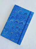 Blue and gold marbled Journal - 100% recycled paper - peacock feather - With elastic band and Bookmark