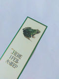 Parchment paper bookmark, green frog &quot;here I fell asleep&quot;