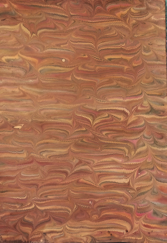 Hand marbled sheet of paper - brown/orange/grey peacock