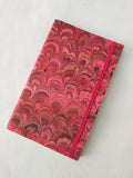 Red marbled Journal - 100% recycled paper - peacock feather - With elastic band and Bookmark