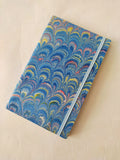 Turquoise marbled Journal - 100% recycled paper - peacock feather - With elastic band and Bookmark