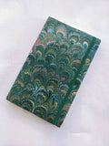 Green and red marbled Journal - 100% recycled paper - peacock feather - With elastic band and Bookmark