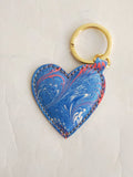 Turquoise hand Marbled Cotton Paper heart shaped Keyring