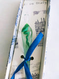 Clear Muirano glass pen and glass nib with swirly ink inside. Green set with ink, boxed